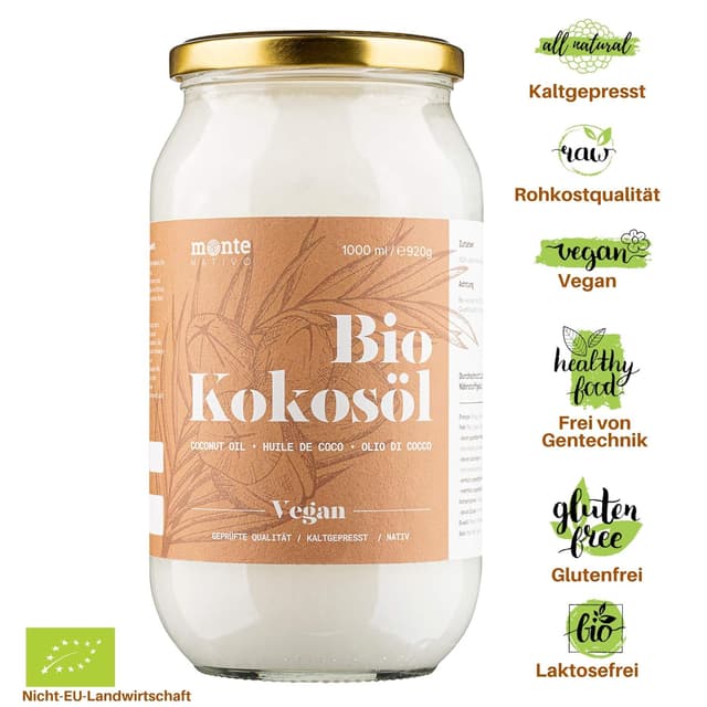 Detalle de MonteNativo Bio Kokosöl – nativ, 1. Kaltpressung, Rohkostqualität (6 x 1000 ml Schraubgläser) für Kochen, Braten, Backen sowie Haut & Haare