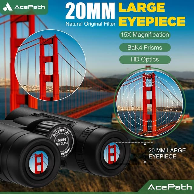 Detalle 2 de AcePath 15x56 Binoculars for Adults — Compact Waterproof High-Powered Glasses-Friendly Optics
