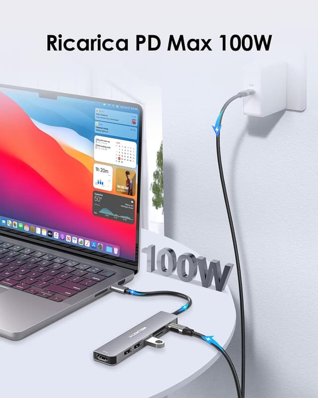 Detalle de LENTION Hub USB-C 7 in 1 con HDMI 4K@60Hz e USB-C PD 100W, lettore SD/TF (alluminio)