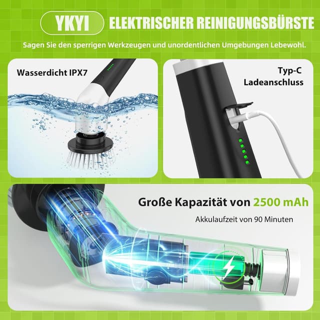Detalle 2 de YKYI Elektrische Reinigungsbürste mit 8 Aufsätzen (IPX7, Teleskopstiel, USB‑C)