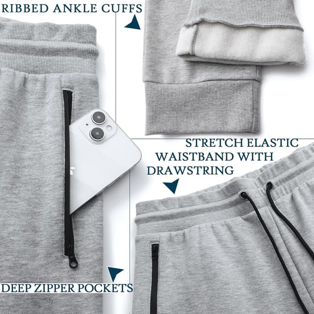 Detalle 2 de Loofure Men’s Fleece Sweatpants (3-Pack) Joggers with Zipper Pockets