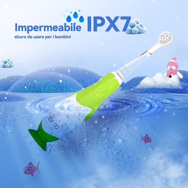 Detalle 2 de Spazzolino Elettrico Bambini 0-6 anni a forma di pinguino con LED, timer 2 minuti e 4 testine (base a ventosa) 513 Blu/Verde