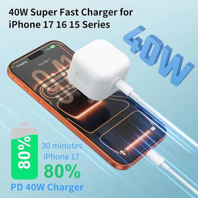 Detalle 2 de iPhone 17 Charger 40W USB‑C Fast Charger with 2×2m USB‑C to USB‑C Cables (2‑Pack, UK)