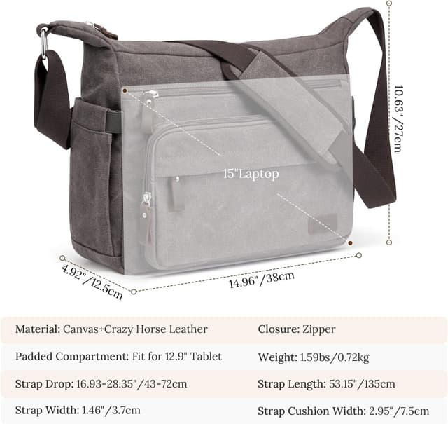 Detalle de S-ZONE men’s canvas messenger bag with crossbody strap for a 13.3-inch laptop