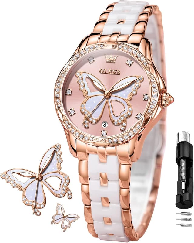 Thumbnail 6 de OLEVS Damen Diamantuhr Roségold Keramikglas 41mm