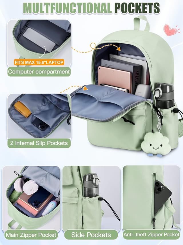Detalle de Fioretto FIORETTO Damen Rucksack / Schulrucksack für Mädchen & Jungen – Laptopfach bis 15,6 Zoll, Anti-Diebstahl-Tasche, 20 Liter, Grün