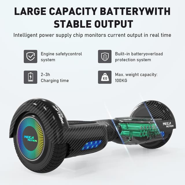 Detalle de MEGA MOTION Hoverboard für Kinder (6,5 Zoll) mit Bluetooth-Lautsprecher und LED-Rad