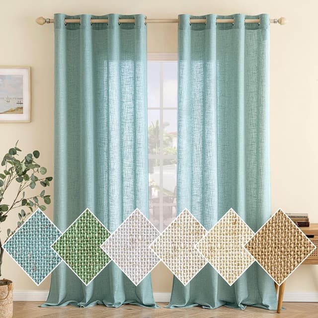 Detalle de EMEMA Leinenvorhang mit Ösen (Voile/Leinenoptik), türkis, 2er-Set 140x300 cm