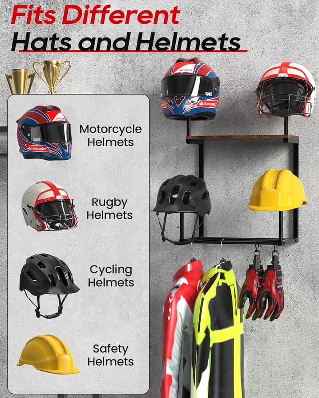 Detalle 2 de THYGIFTREE Helmhalter Wandhalterung für Motorradhelm – Wandaufhängung mit Schublade und Plattenständer (braun)