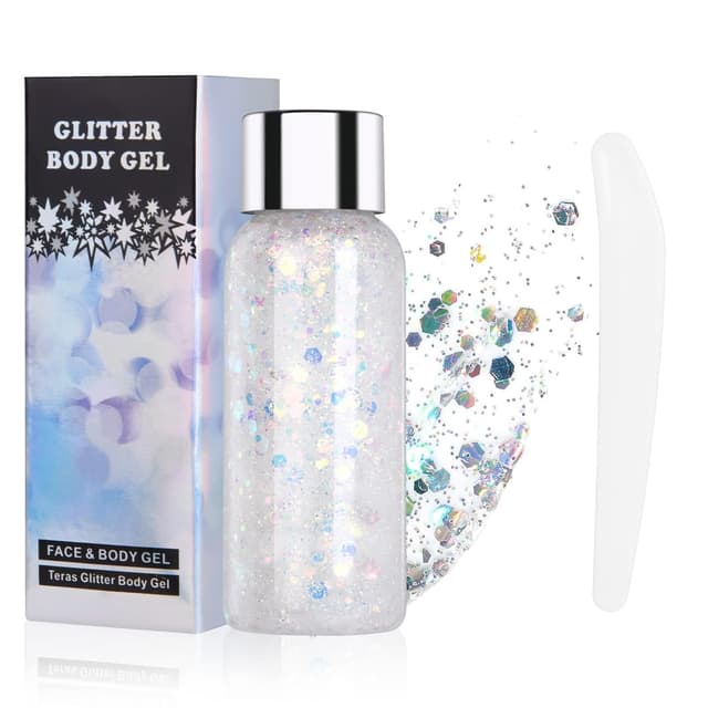 Detalle de URAQT Body Glitter Gel – Chunky Glitzer-Gel für Gesicht, Haare, Lippen, Nägel (weiß)