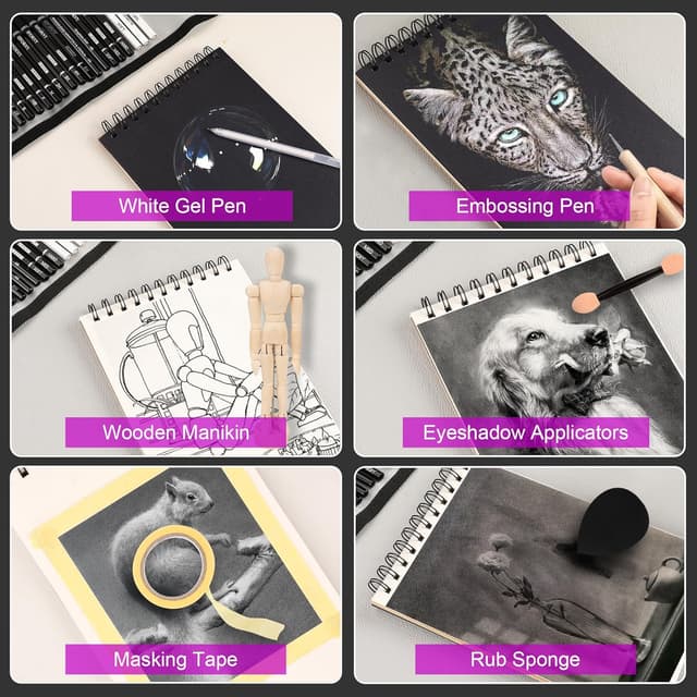 Detalle 2 de HIFORNY Set da Disegno 70 Pezzi con Libro a 3 Colori: matite e strumenti per schizzi, ombreggiature e miscelazione