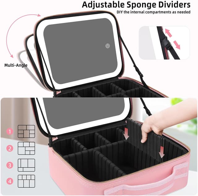 Thumbnail 3 de Travel Makeup Bag with LED Mirror – cosmetic organiser case with adjustable compartments, waterproof finish and lights