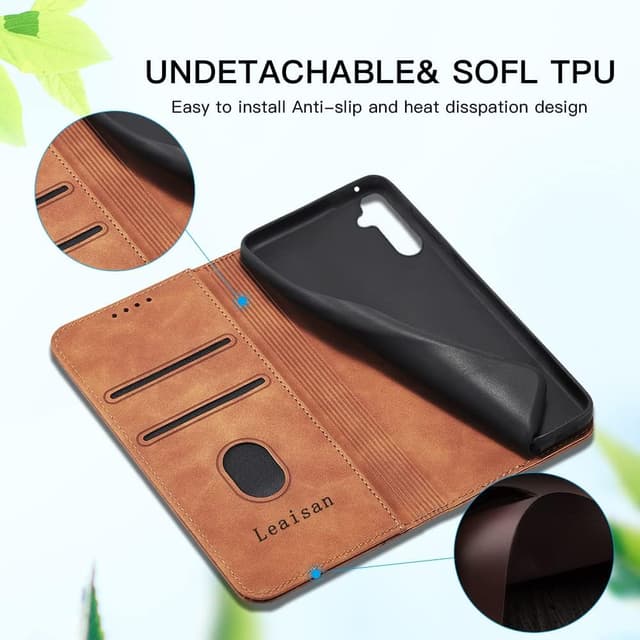 Thumbnail 6 de Leaisan Handyhülle für Samsung Galaxy A14 5G/4G – Leder-Flip mit Magnetverschluss, Kartenfächern und Standfunktion (braun)