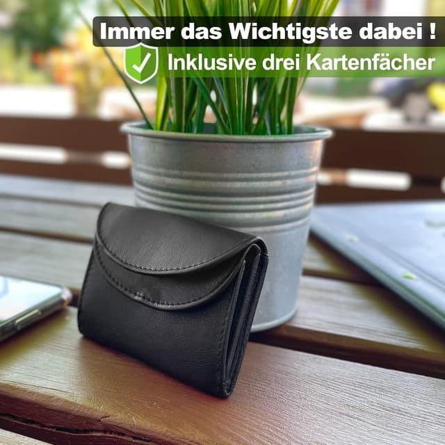 Detalle de FLEXIBILITE® kleines Portemonnaie Damen aus echtem Leder mit RFID-Schutz – Mini-Geldbörse 9 x 7 x 2 cm, Schwarz