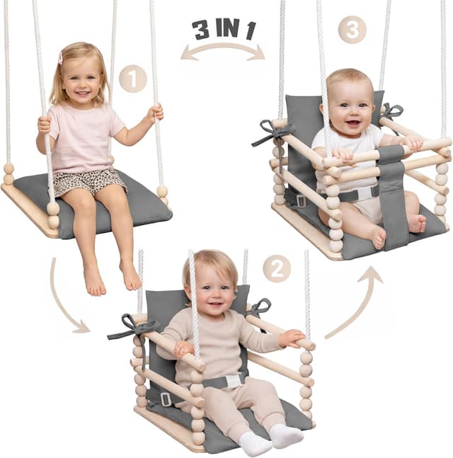 Detalle de MAMOI Altalena per bambini Baby swing 3 in 1 in legno (per casa e porta), fino a 25 kg
