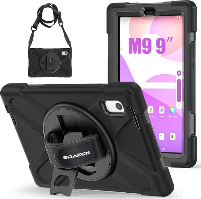Detalle de Coque BRAECN pour Lenovo Tab M9 9 pouces 2023 (TB-310FU) : étui robuste 3 couches avec support 360° et dragonne, noir