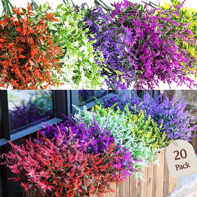 Detalle de Sredumn 20 Bundles Artificial Lavender Flowers (UV resistant) for outdoor pots, hanging baskets and fences