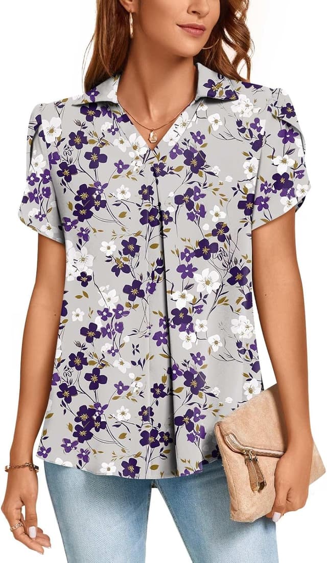 Detalle de Aodemo Women’s Summer Collared V-Neck Chiffon Pleated Blouse (3/4 Sleeve)