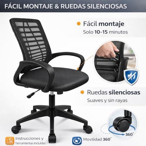 Detalle 2 de Silla ergonómica de oficina T-LOVENDO - respaldo de malla transpirable, soporte lumbar y altura regulable