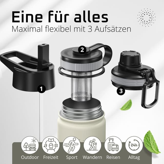 Detalle de ACTIVE FLASK Edelstahl-Trinkflasche mit Strohhalm und 3 Deckeln – auslaufsicher, BPA-frei