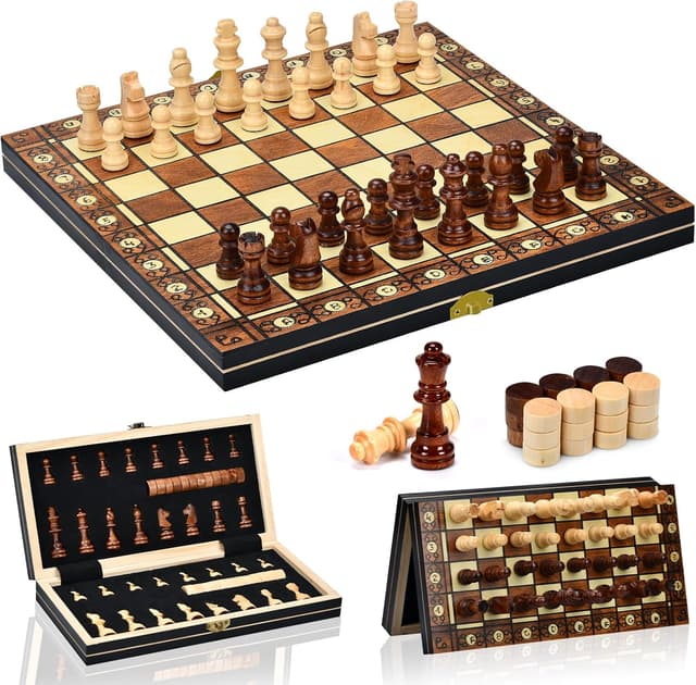 Detalle de Aissom Schachspiel aus Holz 2‑in‑1 klappbar mit Magnet & Stauraum (39 x 39 cm) – Reiseschach für Kinder