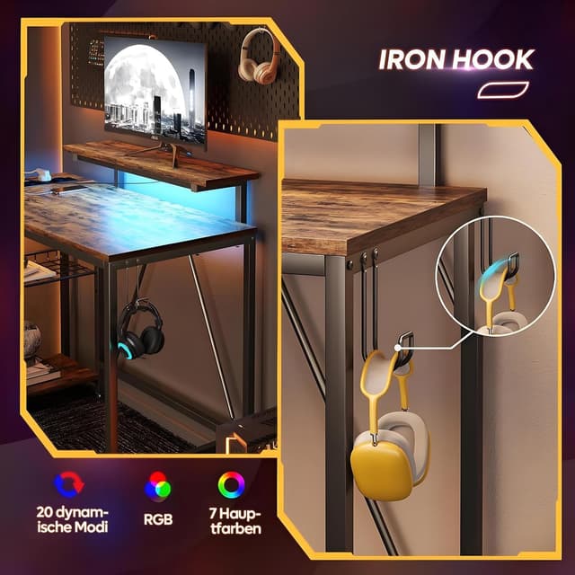 Thumbnail 5 de Bestier Scrivania a Forma di L con prese e luci LED