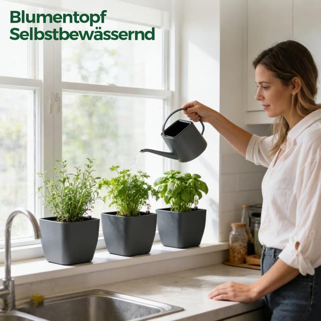 Detalle 2 de T4u 3er-Set eckige Selbstbewässerungstopfe (12,5 cm) mit Wasserstandsanzeige in Grau