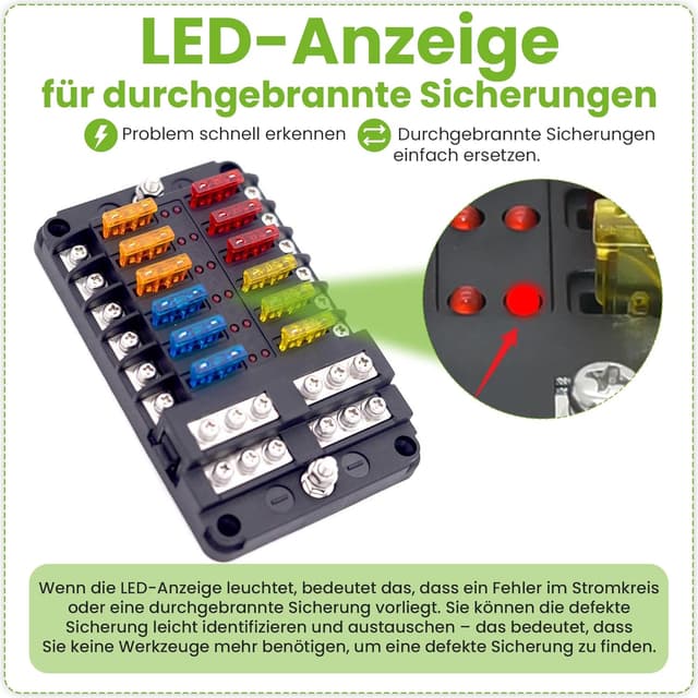 Detalle 2 de Offgridtec 12-fach Sicherungshalter mit LED-Anzeige, LED-Fehlererkennung und PBT-Gehäuse (inkl. 24 Flachsicherungen)