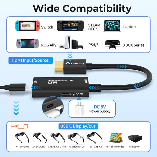 Detalle 2 de Guermok HDMI to USB-C Video Display Adapter (4K@60Hz, AR Glasses Hub, 4.9ft cable) for XREAL One/Air 2 Pro/RayNeo/Rokid & gaming consoles