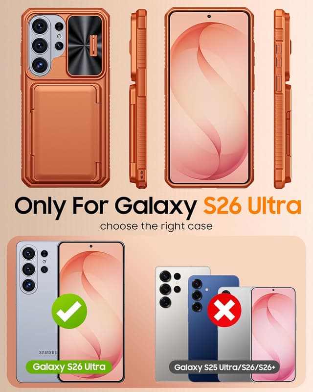 Detalle 2 de Vizvera for Samsung Galaxy S26 Ultra case with sliding camera cover, card wallet & RFID protection (Orange)