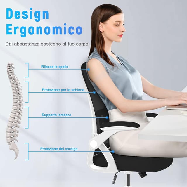 Thumbnail 4 de naspaluro Sedia da ufficio ergonomica con schienale in rete, braccioli regolabili a 90° e supporto lombare (bianco)