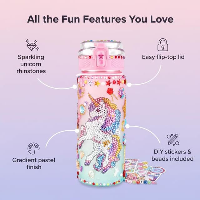 Detalle 2 de Sanilinwild Girls 600ml DIY Water Bottle Kit (Pink Unicorn) – Decorate Your Own Bottle with Friendship Bracelet Craft