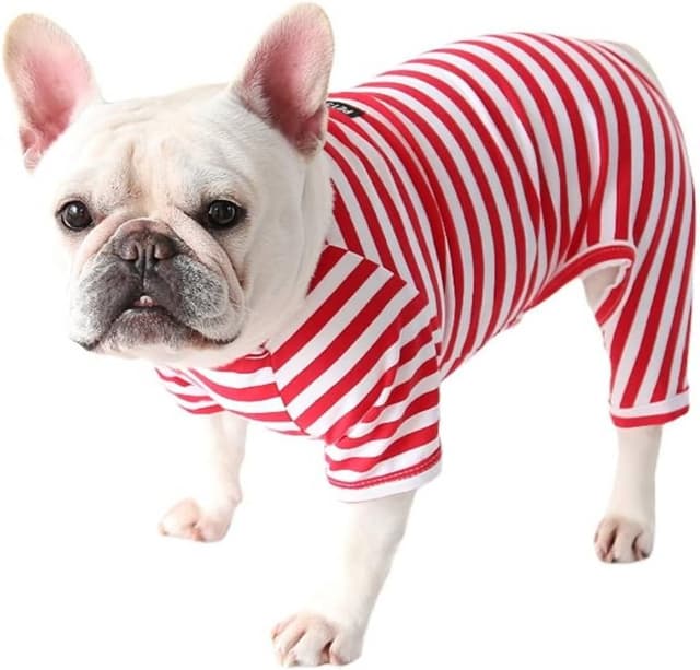 Detalle de BT Bear Fat Dog Clothes Dog Classic Striped Pyjamas Onesie (Size L, Red)