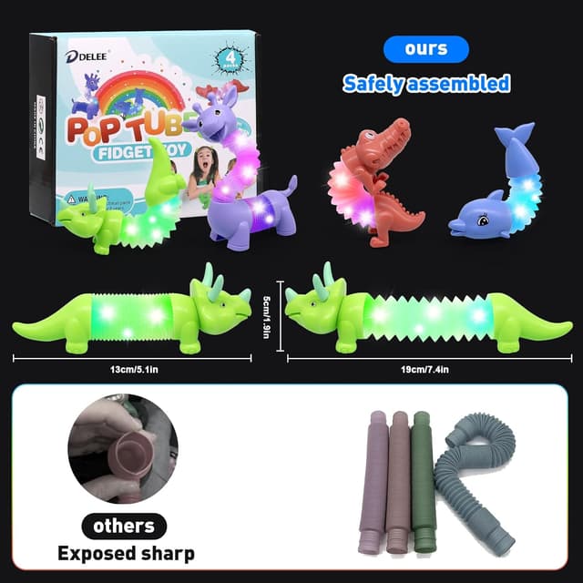 Detalle de DELEE Pop Tubes Animal Toy LED Sensory Stress Relief Tubes (4-pack)