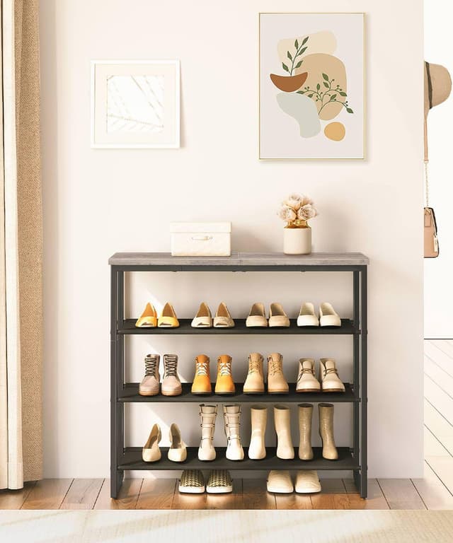 Detalle 2 de HOOBRO scarpiera a 4 ripiani EBG47XJ01G1 in tessuto Oxford e piano in legno, stile industriale grigio talpa