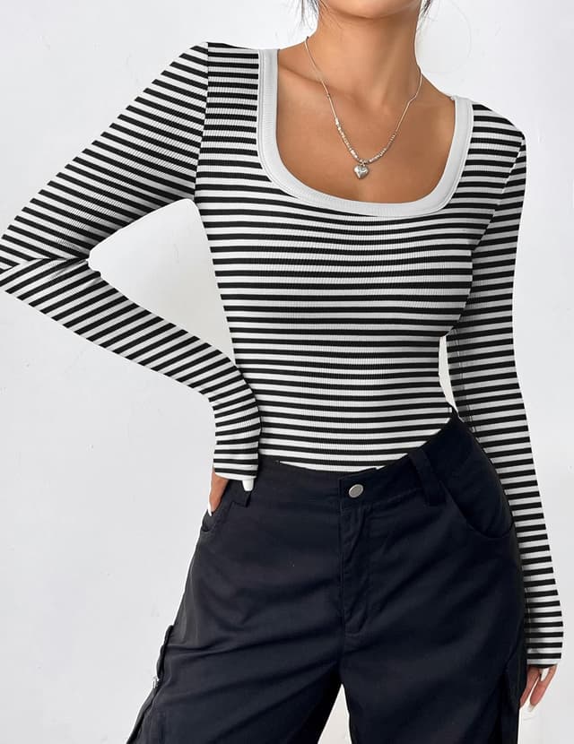 Detalle de DUOEASE Langarmshirt Damen Basic Slim Fit mit U-Ausschnitt – 92% Rayon/8% Elasthan, schlicht & elastisch