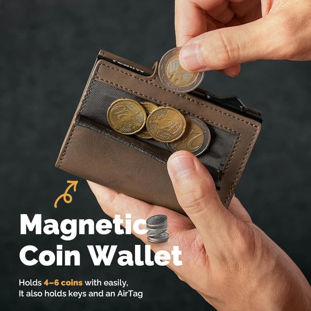 Detalle de YESIIW Crazy Horse Brown RFID Leather Card Holder Wallet with Pop-Up Mechanism (up to 9 cards, 2 ID windows)