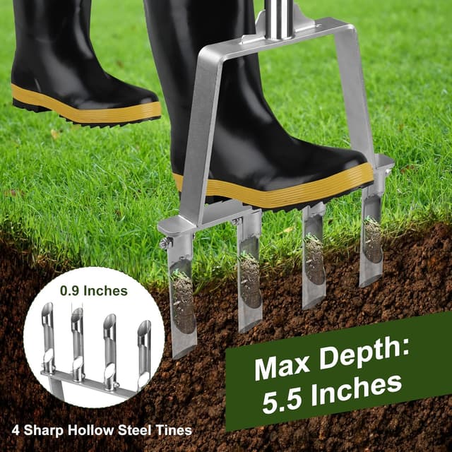 Detalle de Qdreclod Rasenlüfter aus Edelstahl mit 4 Hohlzinken – manueller Aerifizierer für verdichteten Boden