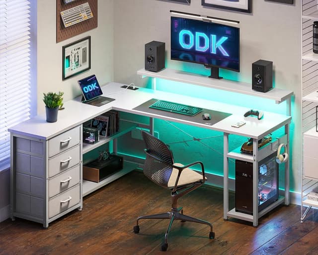 Thumbnail 6 de ODK Corner Desk with Drawers (L-Shaped, Reversible) with LED Lights, Monitor Shelf & Power Outlets – White, 135×110 cm