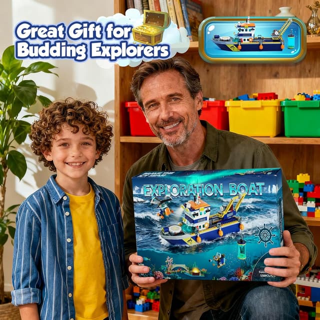 Detalle 2 de JAEUZKJYDA City Floatable Boat Building Set with LED Light (Arctic Ocean Explorer) + Crane, Submarine, Helicopter