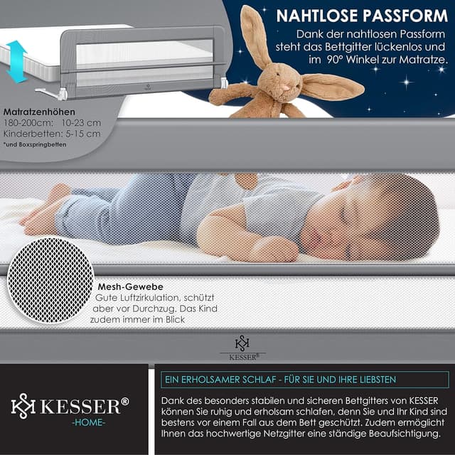 Detalle 2 de KESSER Bettgitter 200 cm – klappbar, tragbar, 42 cm hoch (Kinder- & Baby-Bettschutzgitter) in Hellgrau