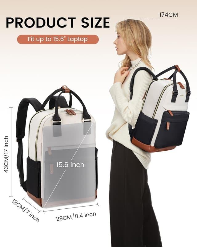 Detalle 2 de LOVEVOOK Women’s Backpack with USB Port and 15.6-inch Laptop Protection (Beige/Black) – waterproof rucksack