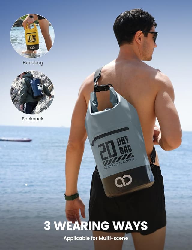 Detalle de Lamicall Dry Bag Waterproof Bag with IPX8 phone pouch (20L, Grey) – PVC 500D drybag for kayaking, camping & boating