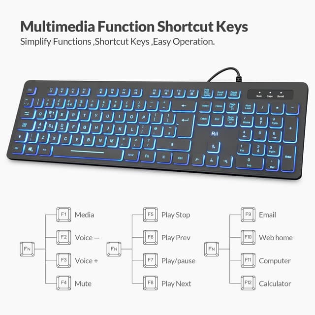 Detalle de Rii RK105 wired keyboard and mouse bundle with three-colour backlight (UK layout)