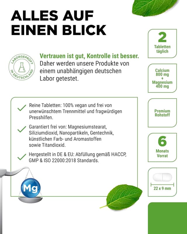 Detalle 2 de Calcium 800 mg + Magnesium 400 mg (2 Tabletten) - 365 Tabletten - 6 Monatsvorrat - Kalzium + Magnesium-Komplex im 2:1 Verhältnis - Vegan - Hochdosiert
Calcium 800 mg + Magnesium 400 mg (2 Ta…