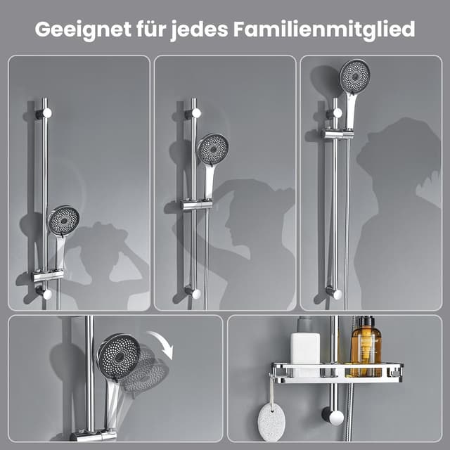 Detalle 2 de Duschstange Komplettset (70 cm) mit 5-fach Handbrause, Edelstahl-Schlauch & Ablage – ohne Duscharmatur, ohne Bohren
