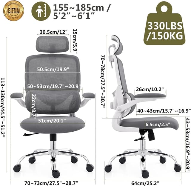 Detalle 2 de TONFARY Ergonomic Office Chair (High Back Mesh) with Adjustable Lumbar, Flip-Up Arms & Removable Headrest – White + Grey