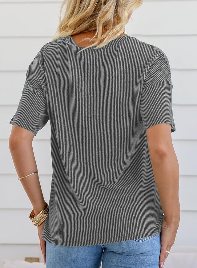 Detalle de GLEENOD Damen Kurzarm-T-Shirt mit V-Ausschnitt, Oversize-Look und Tasche