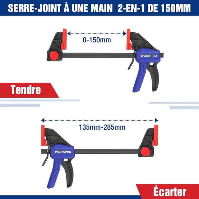 Detalle de WORKPRO : lot de 2 serre-joints à une main en acier et nylon, serrage jusqu’à 150 mm (plage 135–285 mm)