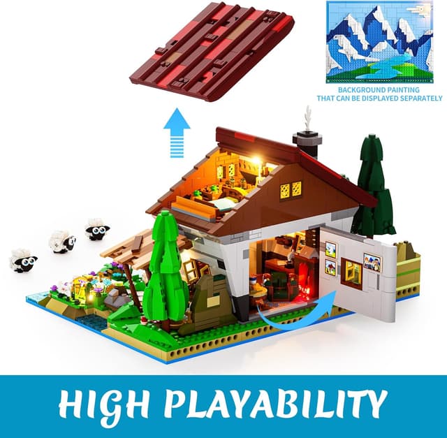 Detalle de Lumibricks Schäferhütte Alpenhof Klemmbausteine Set (2265 Teile) mit LED & 3D-Hintergrund